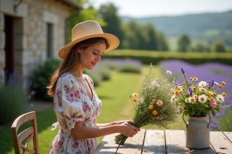 Femme en robe florale arrangeant un bouquet dans un jardin rural