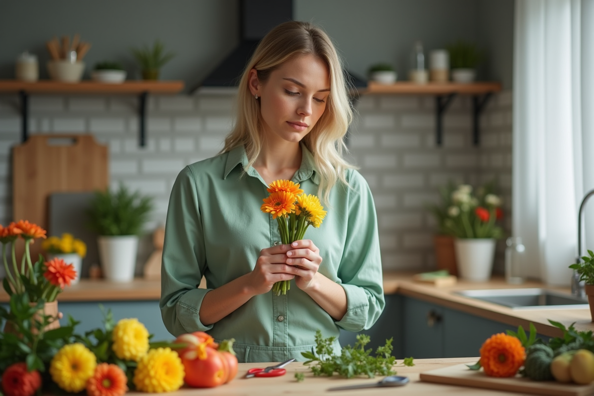 Femme examinant des fleurs melangees dans ses mains