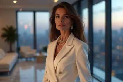 Femme élégante en blazer ivoire dans un penthouse moderne symbolisant le glamour de la téléréalité et des divorces médiatisés à Hollywood