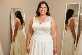 Femme grande taille essayant une robe de mariée blanche en dentelle dans une boutique spécialisée