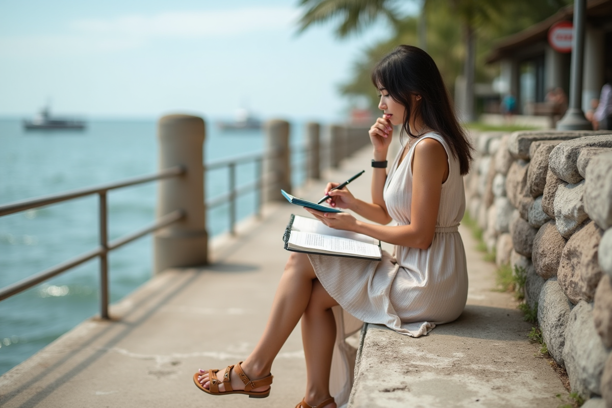 Femme seule préparant son budget de lune de miel sur la promenade