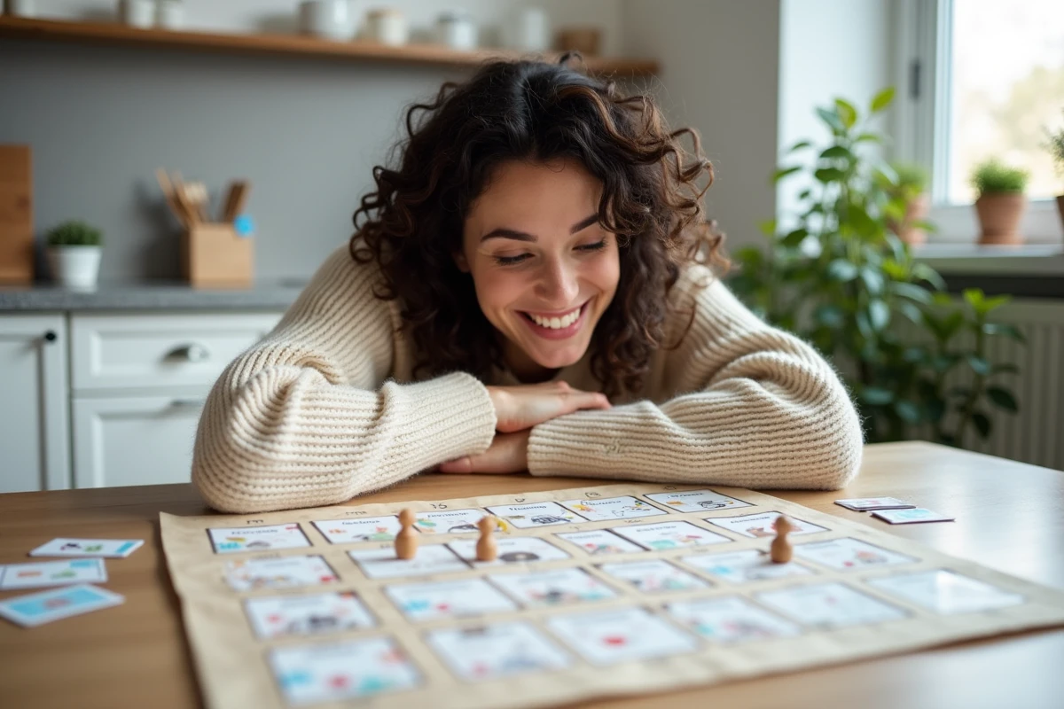 Jeune femme concentrée étudiant le plateau du jeu des douze mois avec des pions en bois et des cartes défi colorées sur une table de cuisine