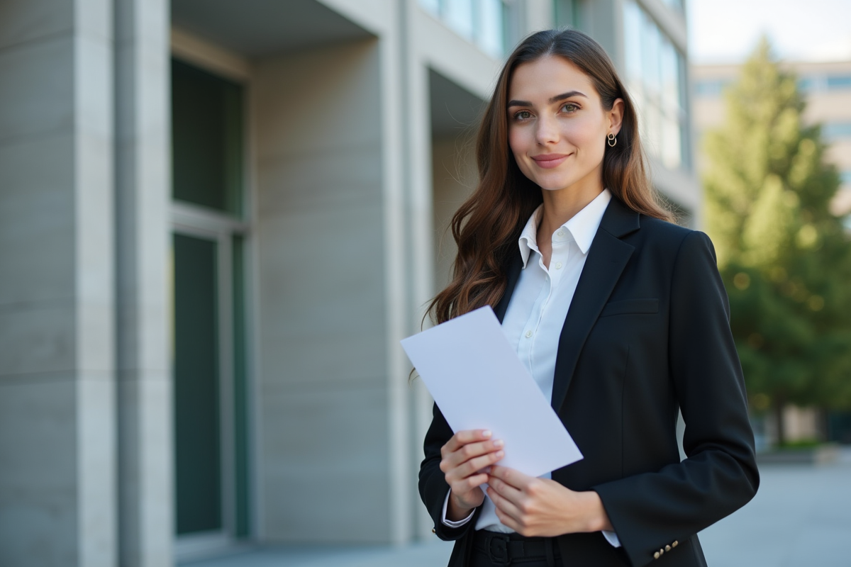 Jeune femme en tenue formelle tenant un document juridique devant un bâtiment moderne