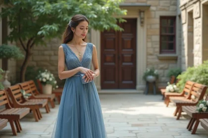 Femme en robe bleue &eacute;l&eacute;gante dans une cour ancienne