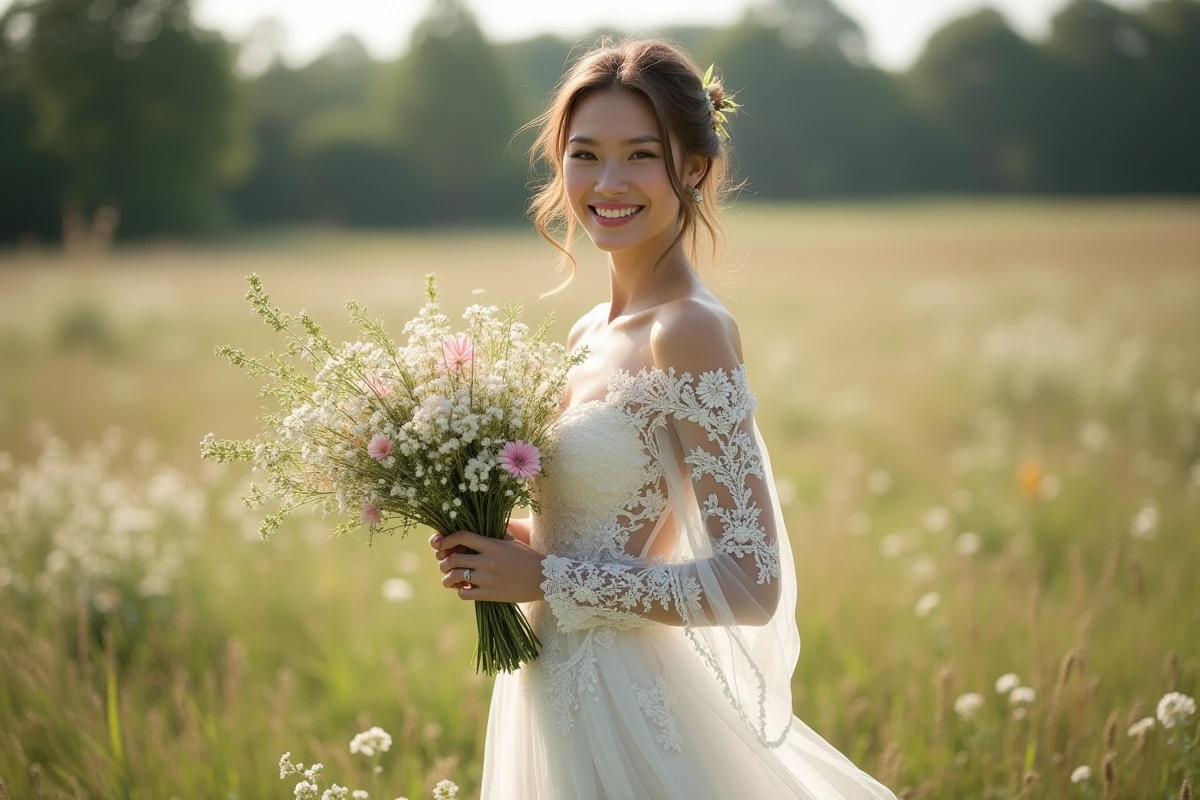 Jeune femme en robe de mariée bohème dans un champ de fleurs