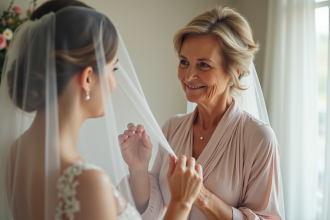 Femme d'âge moyen ajustant le voile d'une mariée dans une ambiance chaleureuse
