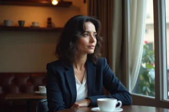 Femme aux cheveux ondulés bruns assise dans un café parisien, regard pensif vers la fenêtre, illustrant une réflexion sur une relation amoureuse en 2026