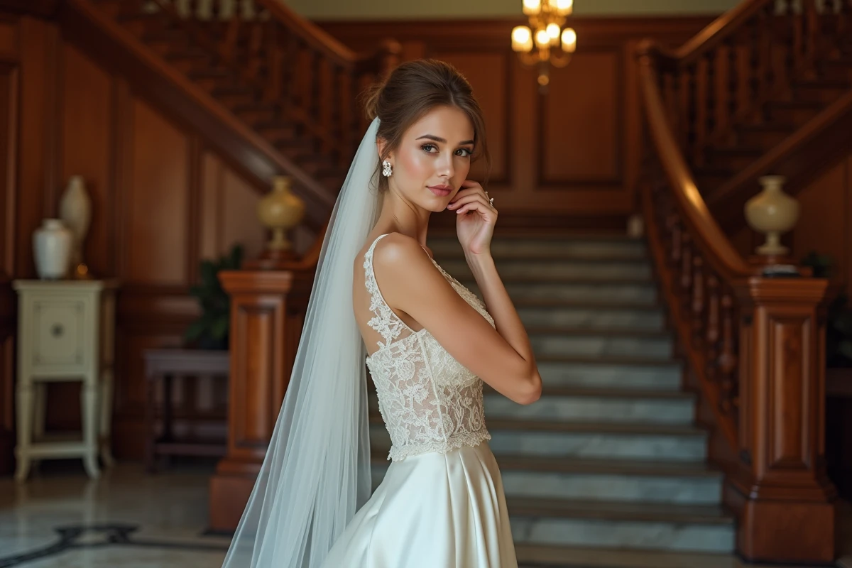 Femme en robe de mari&eacute;e satin dans un manoir historique
