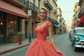 Femme en robe rockabilly vintage sur une rue urbaine