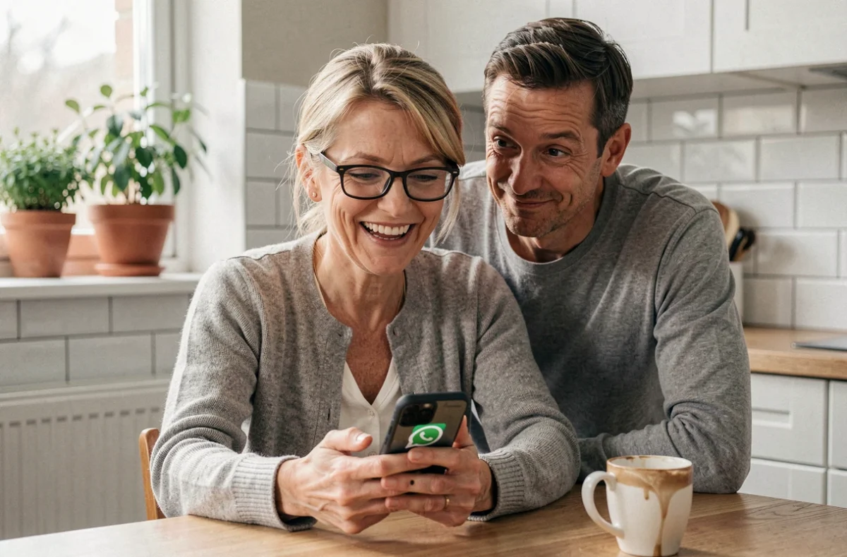 Femme souriante envoyant un SMS humoristique pour les 40 ans de mariage pendant que son mari regarde par-dessus son épaule