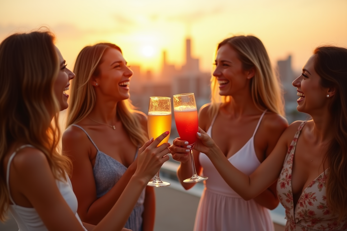 Femmes riant et trinquant avec cocktails au coucher du soleil