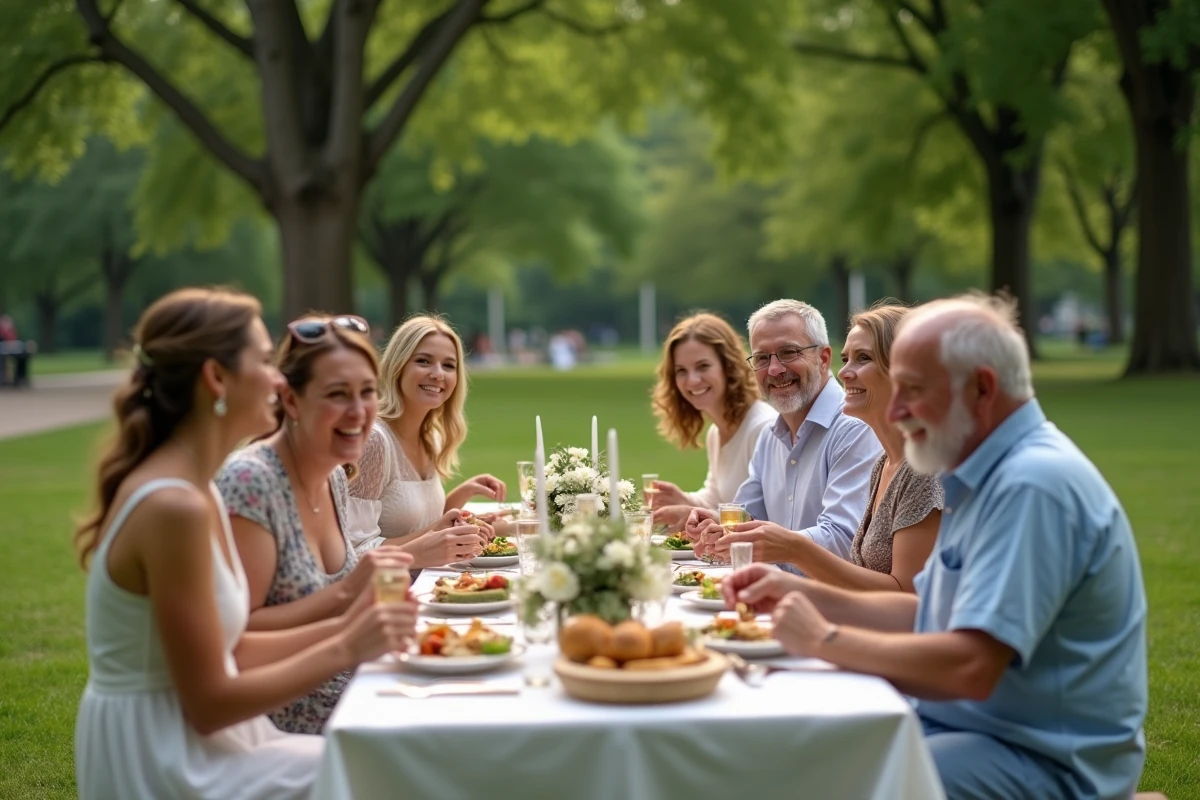Groupe d amis lors d un pique nique de mariage en parc