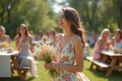 Jeune femme en robe florale souriante avec bouquet en plein air
