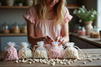 Jeune femme italienne arrangeant confettis dans des sachets