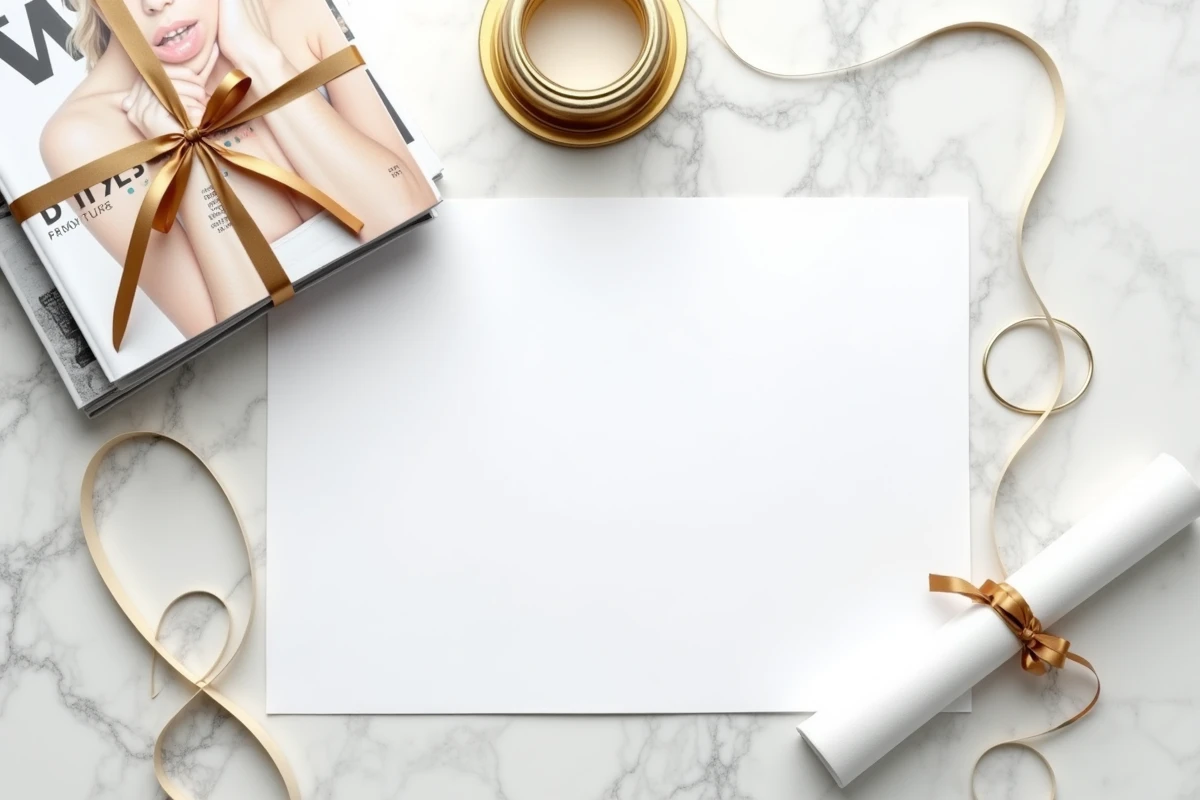 Composition flat-lay symbolisant le mariage et le divorce avec alliance, magazines people et documents légaux sur marbre blanc