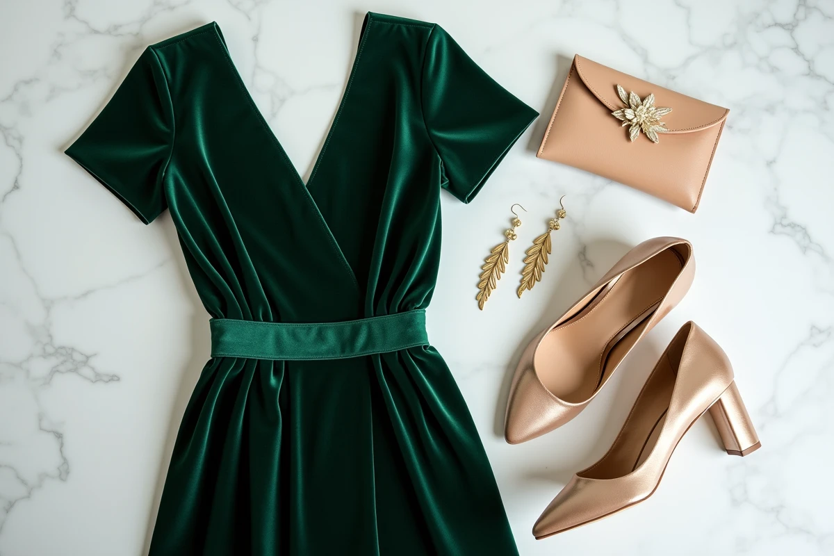 Flat lay de robe verte velours pour mariage avec chaussures champagne, pochette beige et accessoires dorés sur marbre blanc