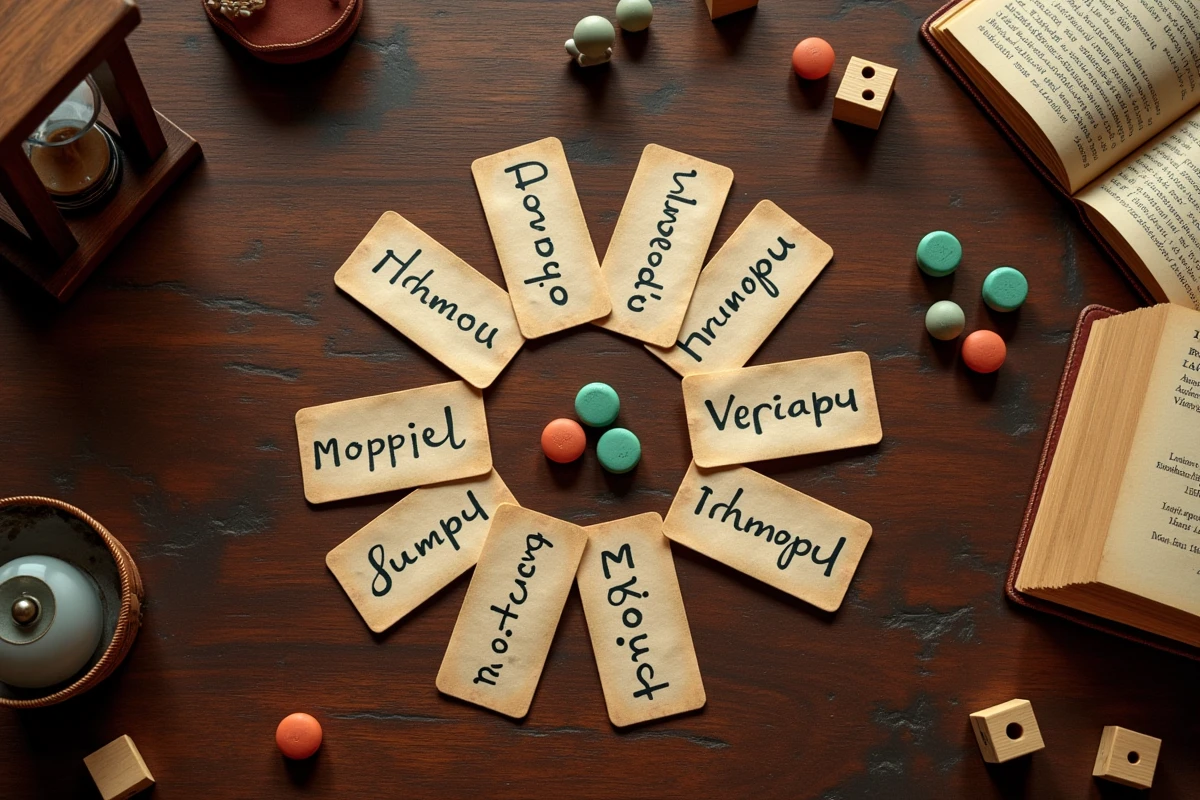 Vue aérienne des éléments du jeu des douze mois incluant cartes de mois, dés en bois, minuterie et livre de règles sur une table en noyer