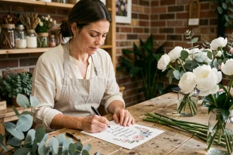 Fleuriste mariage examinant un devis floral dans son atelier entouré de pivoines et d'eucalyptus