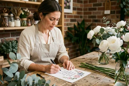 Fleuriste mariage examinant un devis floral dans son atelier entouré de pivoines et d'eucalyptus