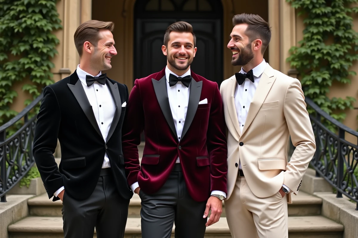 Trois garçons d'honneur en costumes coordonnés et variés devant une église parisienne lors d'un mariage