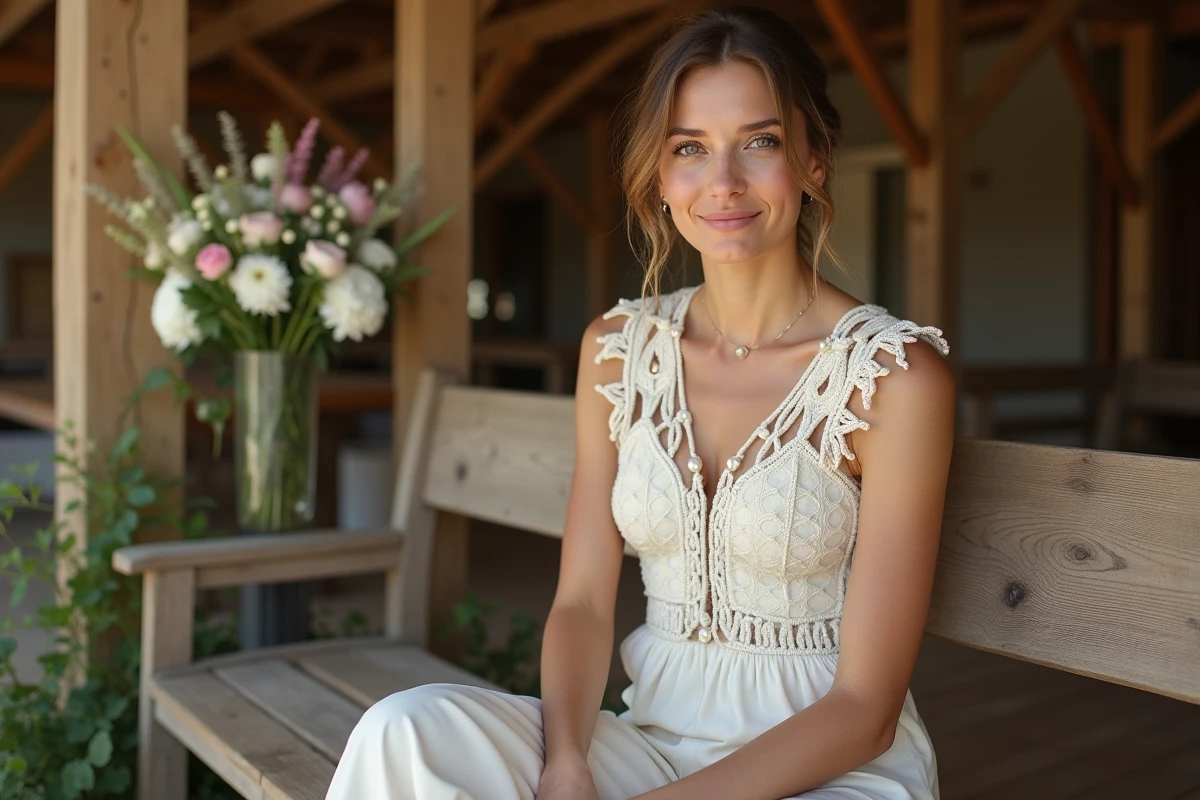 Femme assise en gilet blanc ivoire style boh&egrave;me avec pantalon en lin &eacute;cru dans une grange de mariage d&eacute;cor&eacute;e