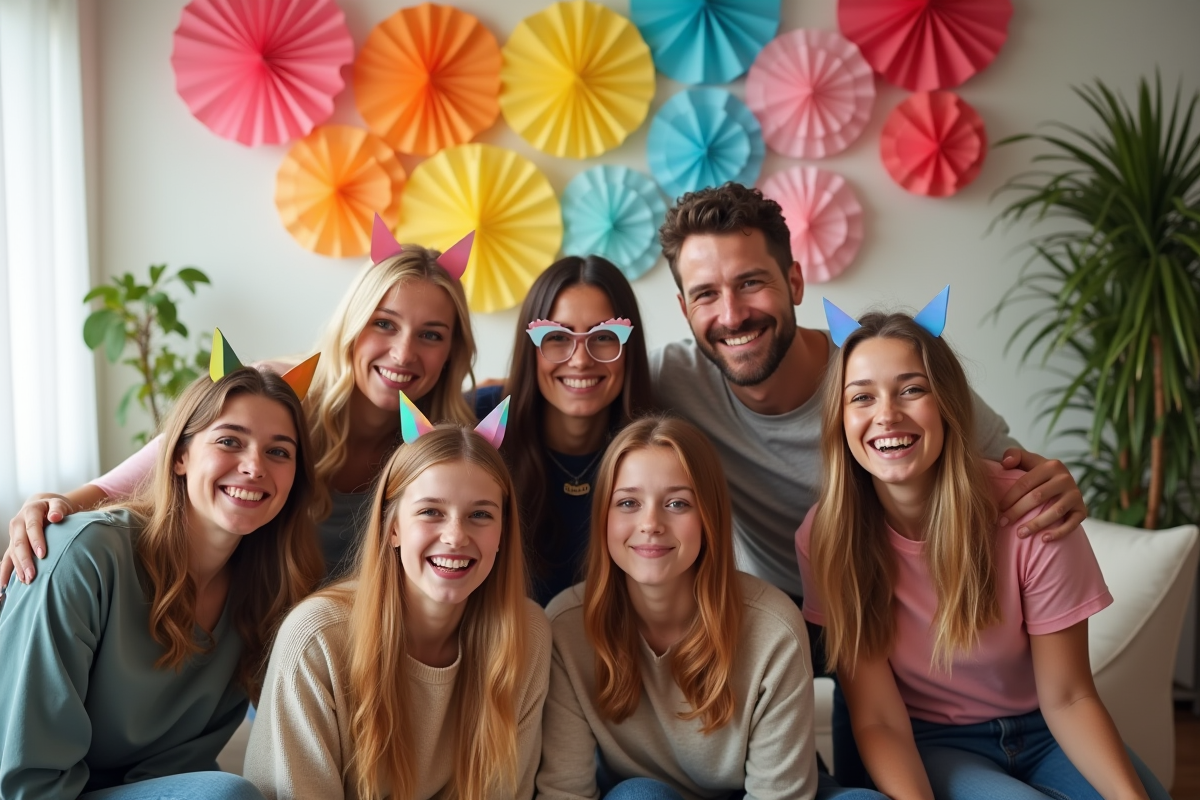 Groupe d'amis souriants devant un photobooth maison lumineux