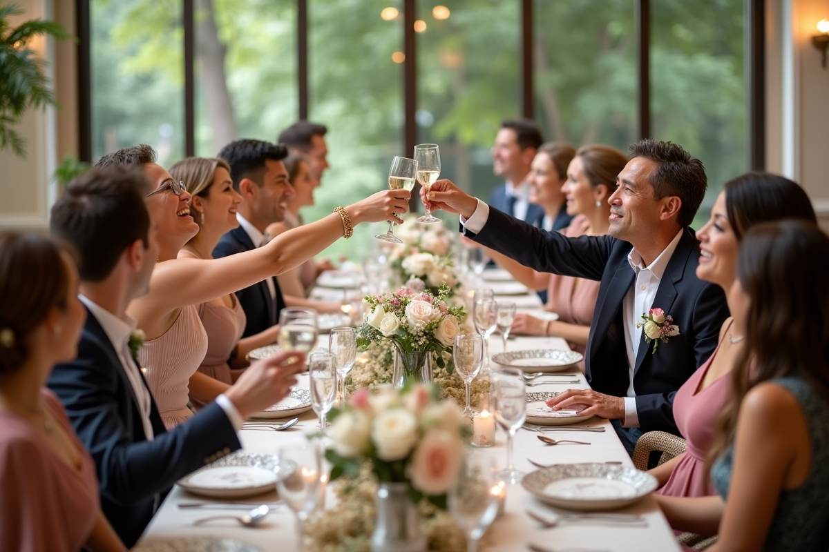 Groupe d invités célébrant lors d une réception élégante