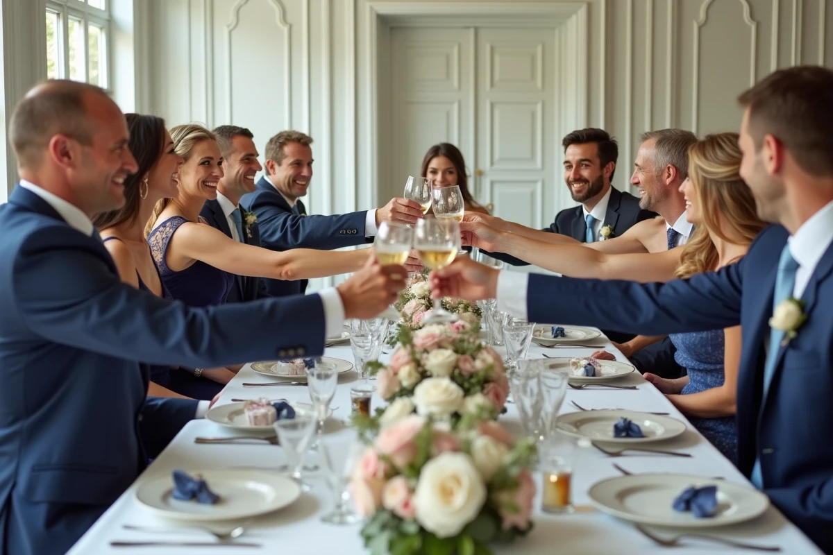 Groupe d invités souriants lors d un toast de mariage