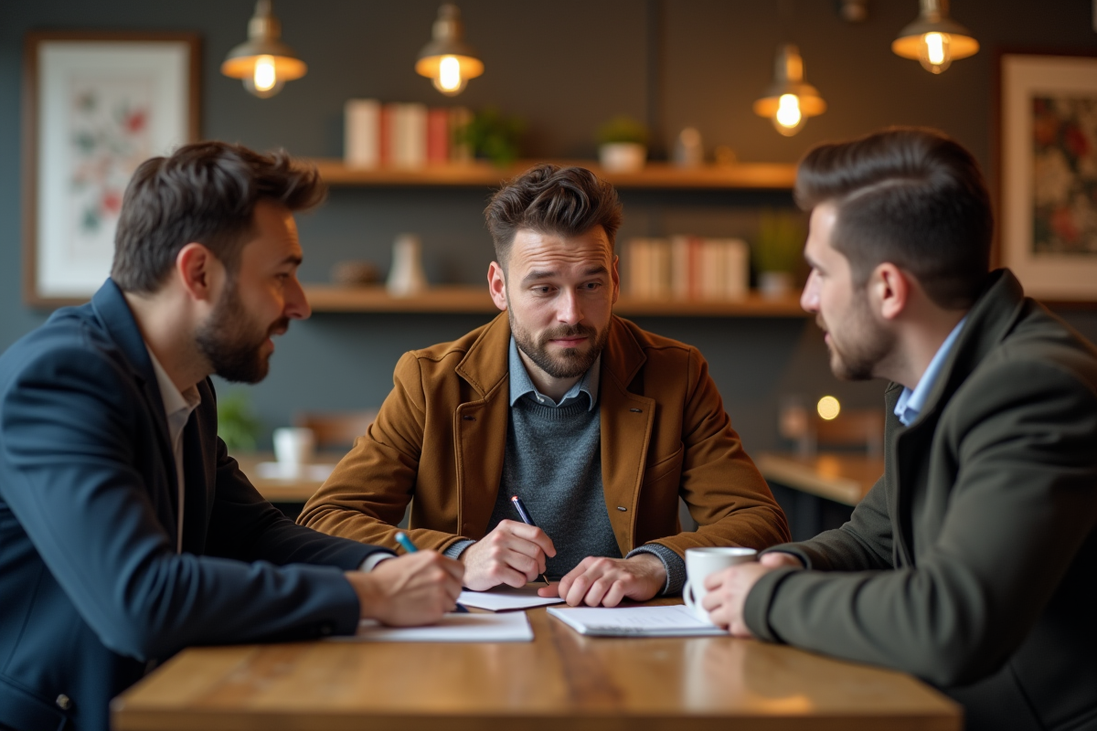 Trois hommes discutant dans un café chaleureux