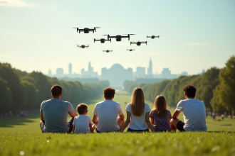 Groupe d'adultes et enfants regardant drones en formation dans un parc