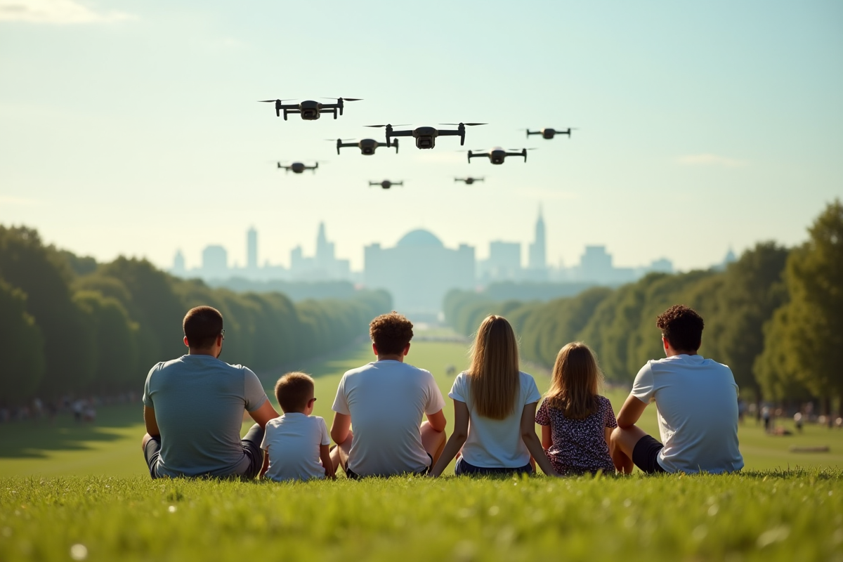 Groupe d'adultes et enfants regardant drones en formation dans un parc