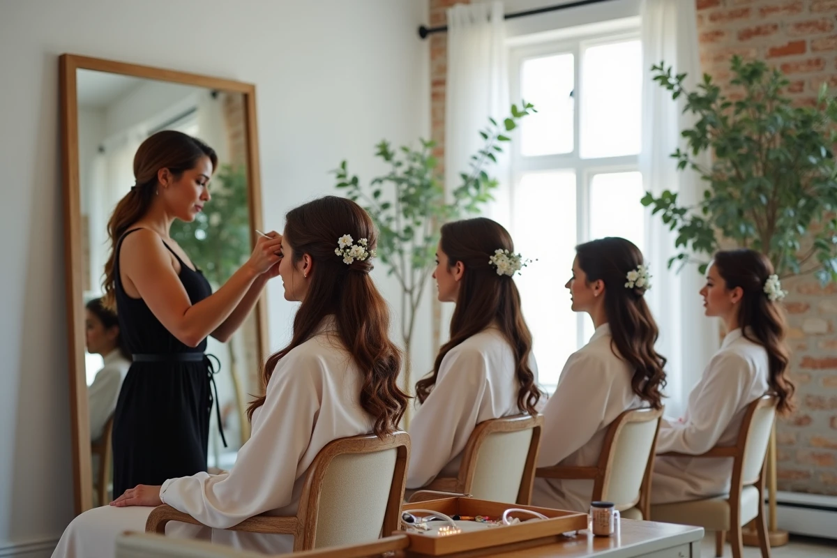 Groupe de demoiselles d'honneur se faisant coiffer simultanément dans une suite de préparation nuptiale élégante
