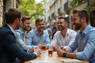 Groupe d'hommes souriants autour d'un café en ville
