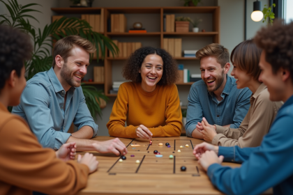 Groupe de jeunes adultes jouant &agrave; un jeu convivial dans un salon
