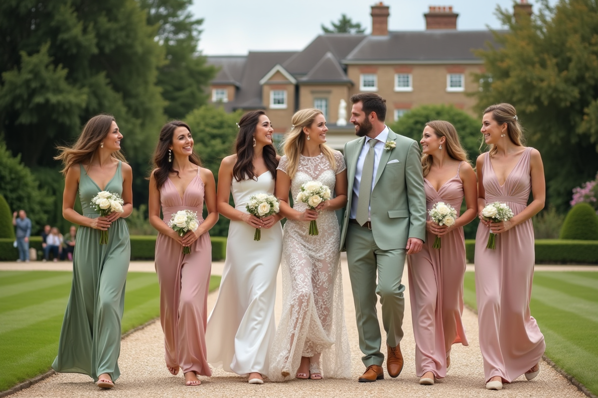Groupe de mariés et témoins en extérieur avec couleurs tendance 2025