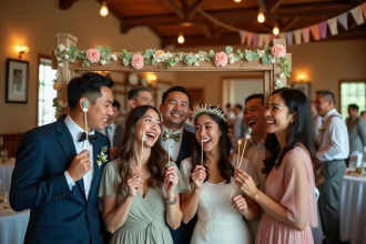 Groupe d'adultes et proches autour d'un photobooth rustique lors d'un mariage
