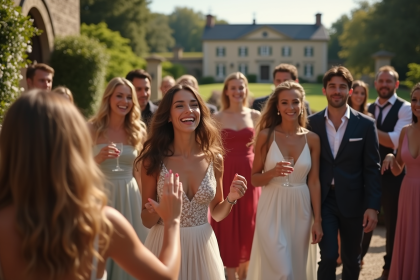 Groupe d'invités de mariage dans un jardin élégant