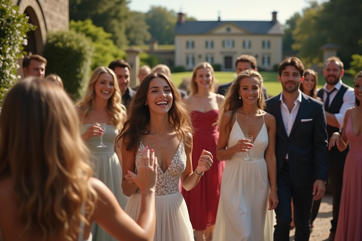 Groupe d'invités de mariage dans un jardin élégant
