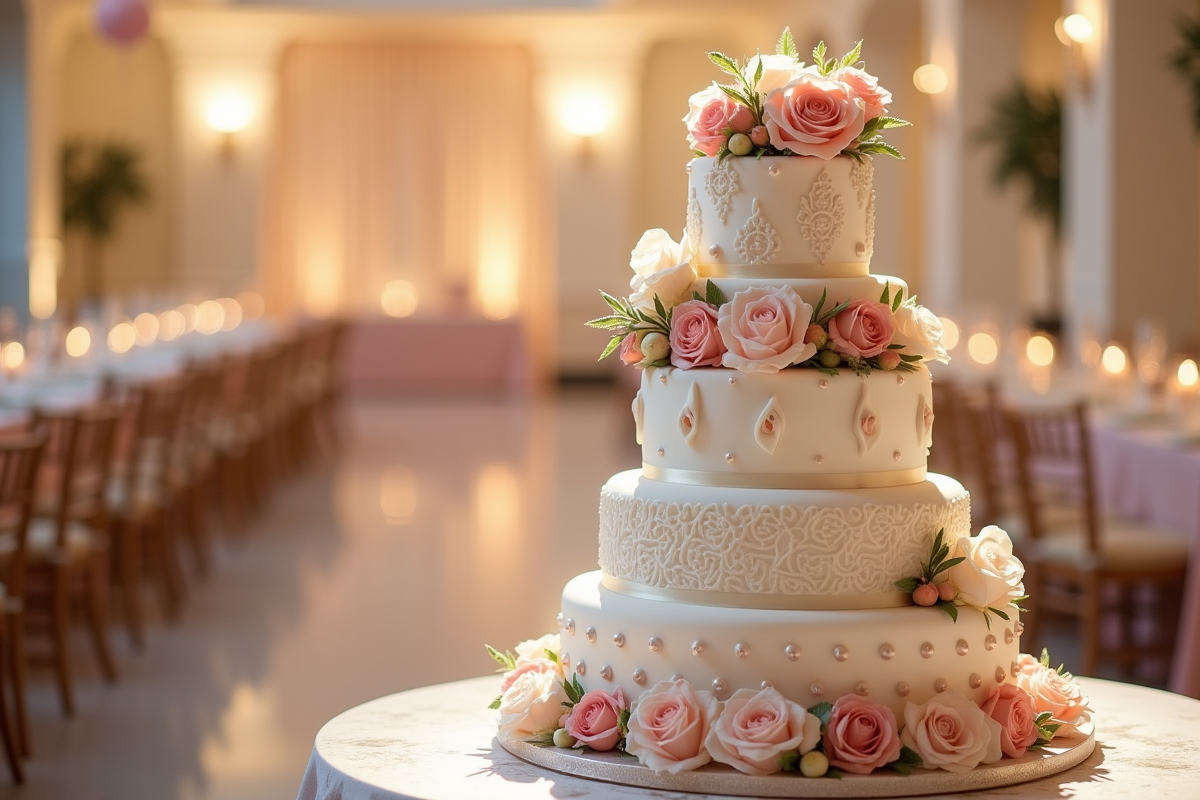 Gâteau de mariage sophistiqué avec huit niveaux décorés