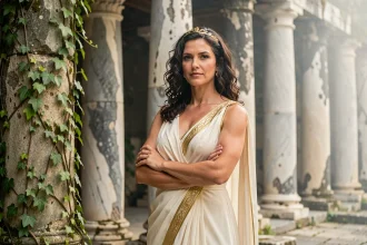 Femme en robe dorée à l'antique devant des colonnes de marbre, incarnant la majesté d'Héra reine de l'Olympe