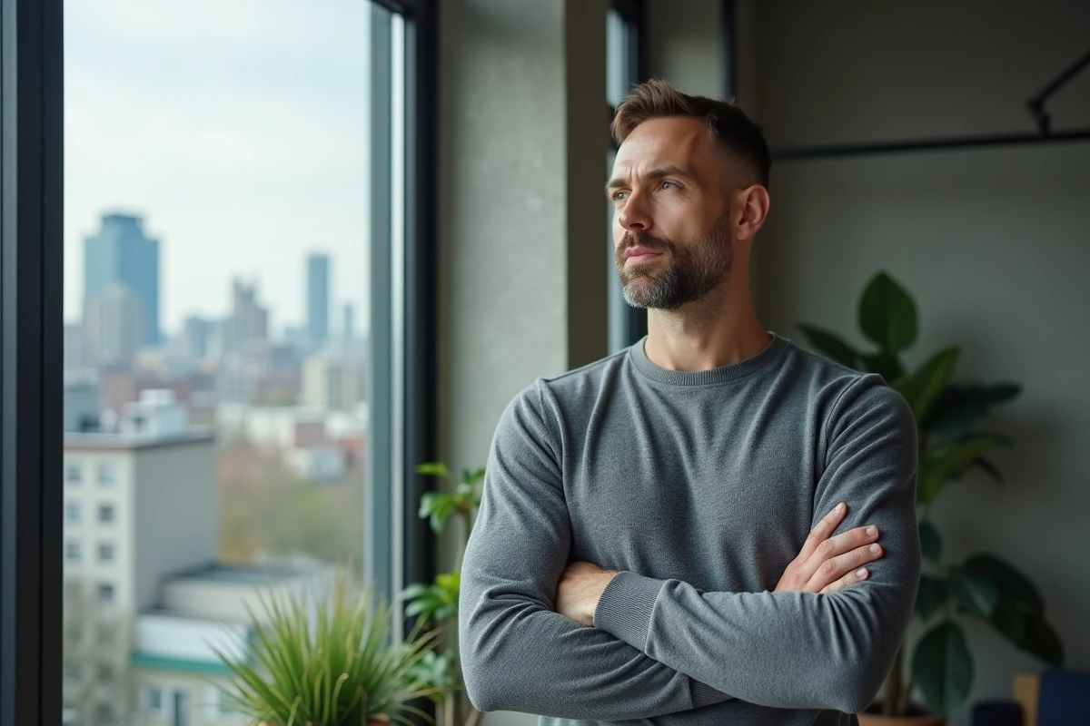 Homme en pull gris les bras croisés dans un appartement loft avec vue sur les toits urbains, ambiance introspective évoquant les rumeurs d'une relation publique