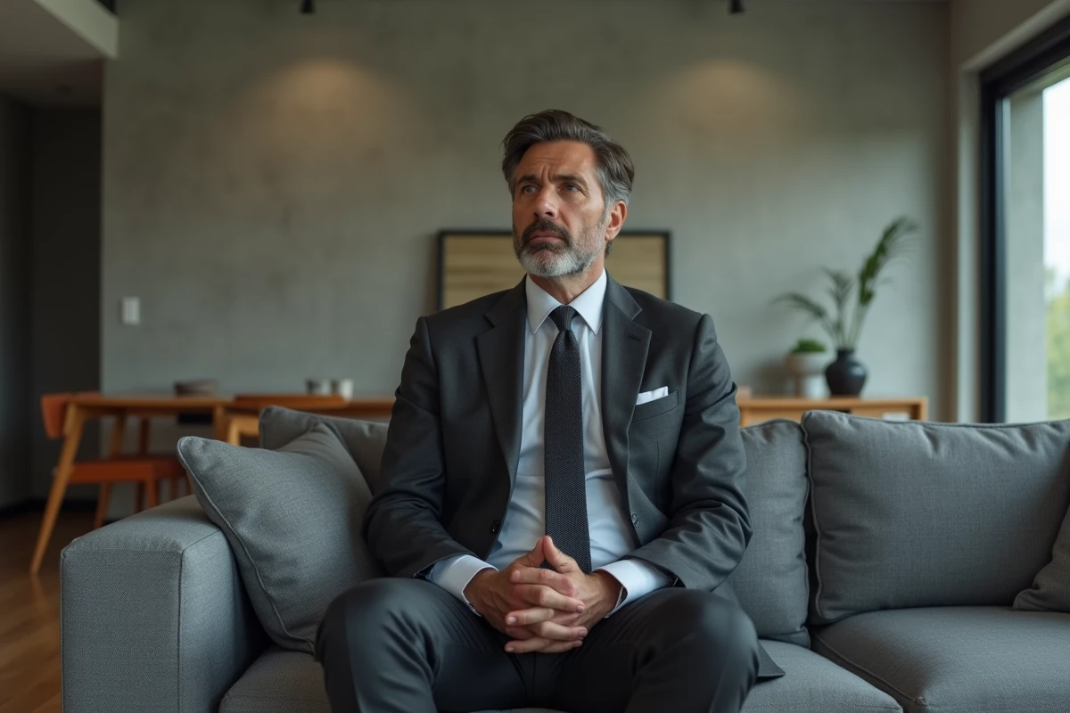 Homme en costume anthracite assis pensivement dans un appartement contemporain évoquant le parcours des ex-maris médiatisés après un divorce public