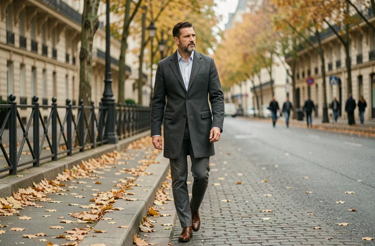 Homme élégant marchant dans une rue parisienne en automne, air pensif et discret, atmosphère éditoriale