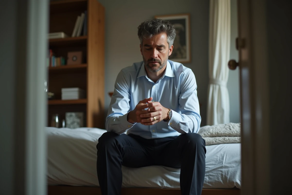 Homme d'âge moyen pensif regardant sa bague de mariage dans la chambre
