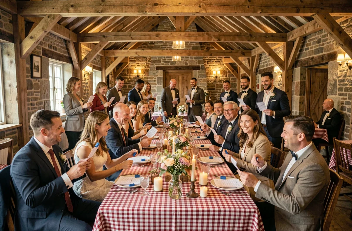 Invités de mariage jouant au bingo lors d'un vin d'honneur dans une grange rustique décorée