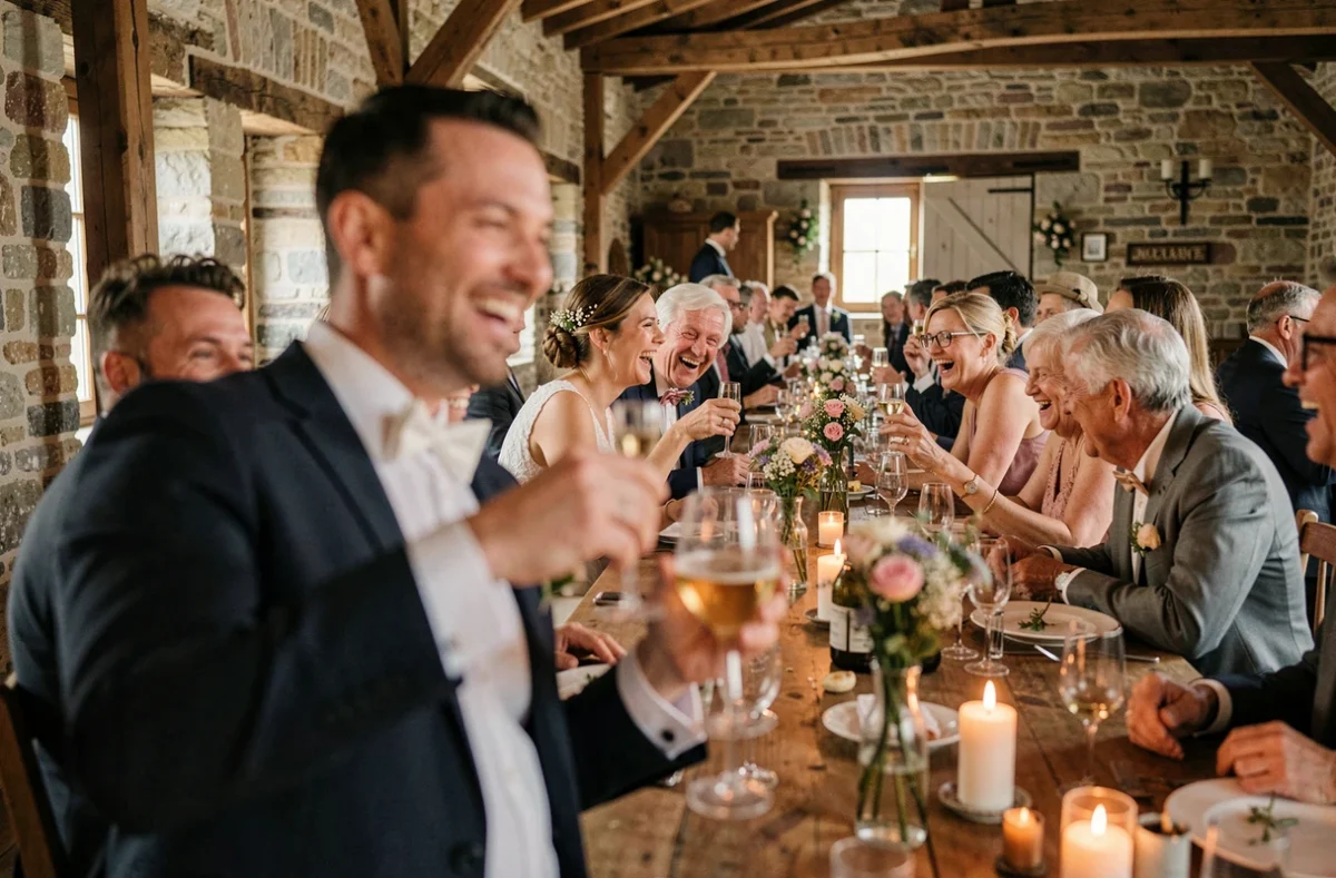 Scène de réception de mariage documentaire artistique avec invités riant à une table rustique, style Jay's Photography Essonne