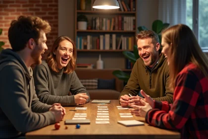 Groupe d'adultes jouant au jeu des douze mois autour d'une table en bois avec des cartes et jetons représentant les mois de l'année