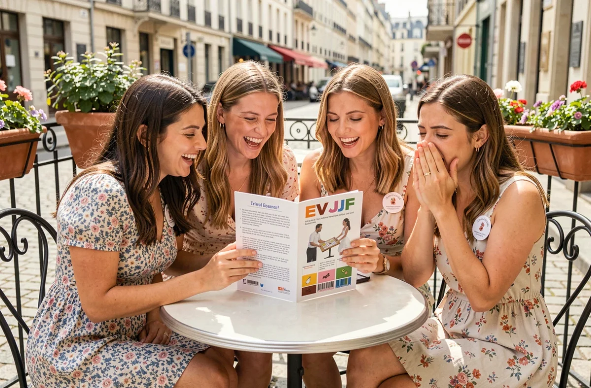 Amies jouant à un jeu EVJF imprimé gratuitement en terrasse de café lors d'un enterrement de vie de jeune fille