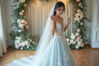 Jeune mariée en robe élégante ajustant son voile dans un lieu lumineux