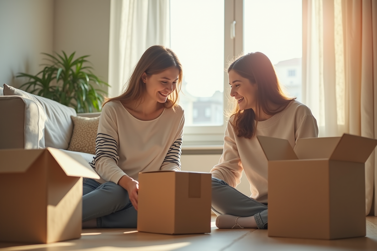 Jeune couple déballant des cartons dans un appartement lumineux